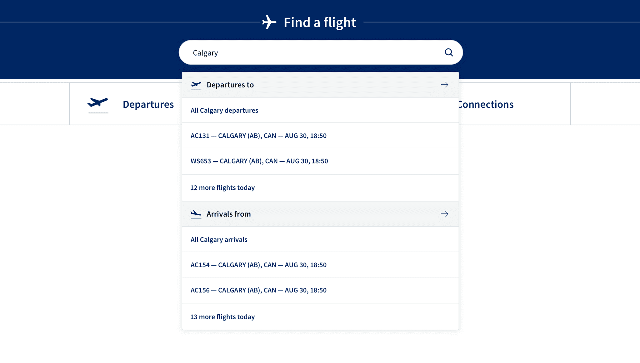 An image showing someone typing 'Calgary' into the 'Find a flight' search. The results display related departures and arrivals.