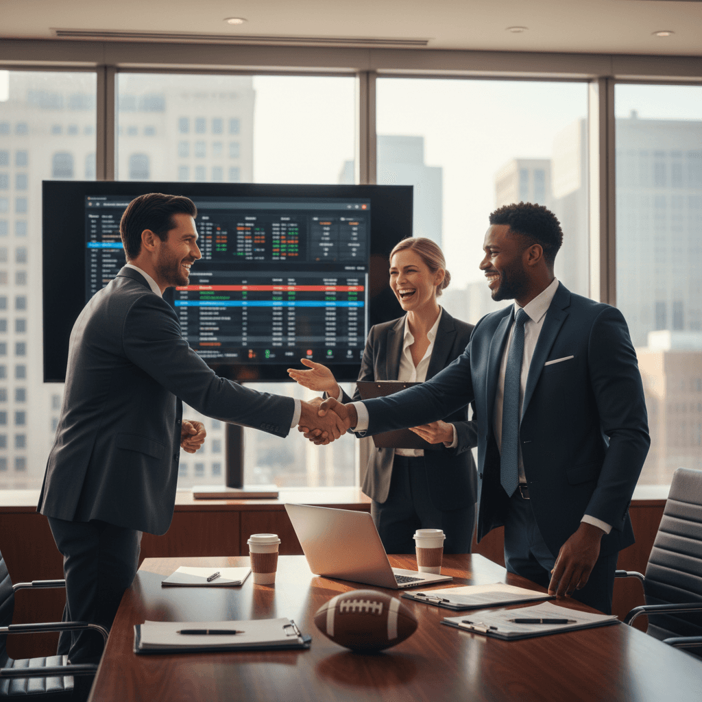 Three athletes wearing a suit and reaching an agreement