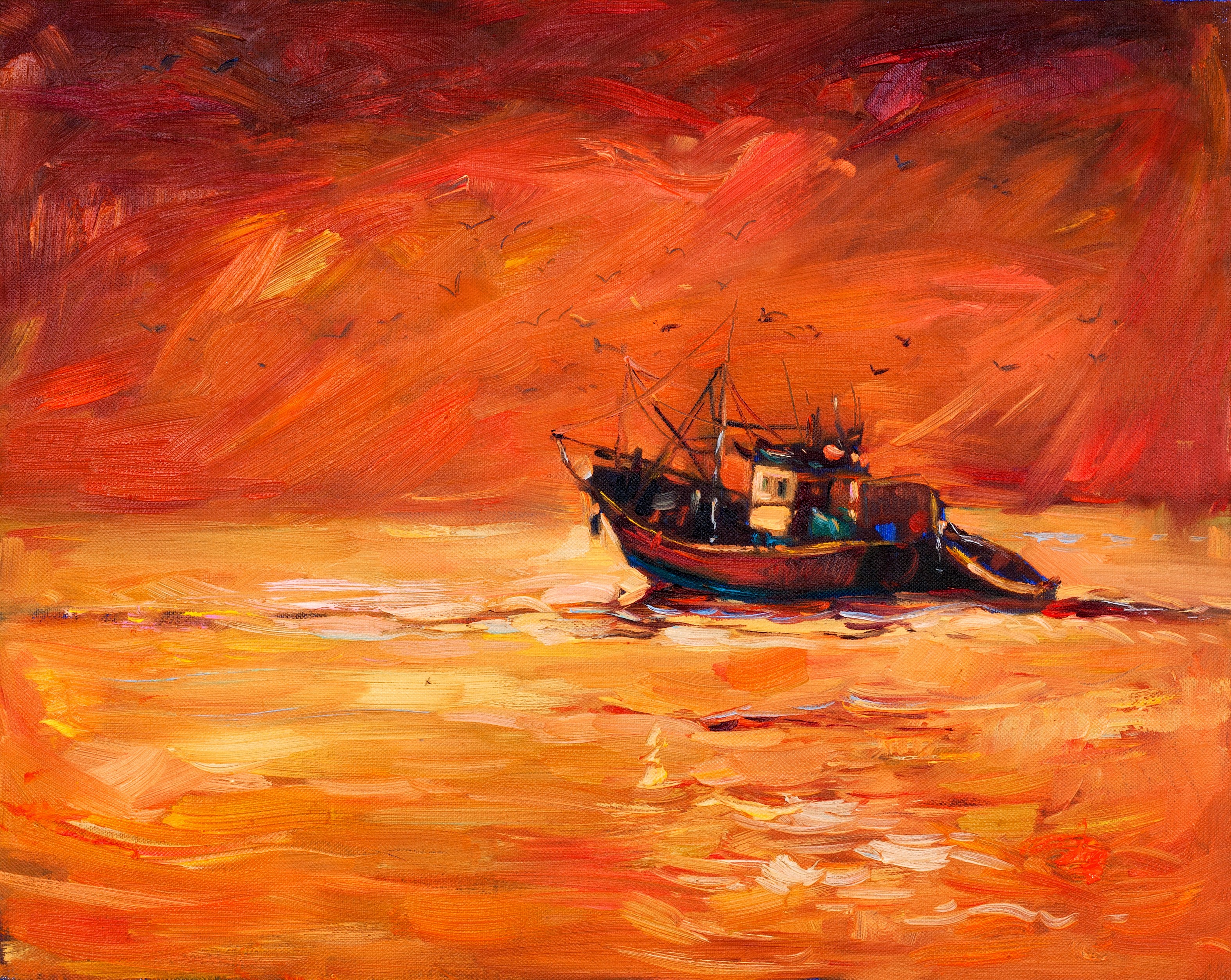 A painting of a red fishing boat set against calm surroundings, using bold color contrast and simple composition to convey stillness and character.