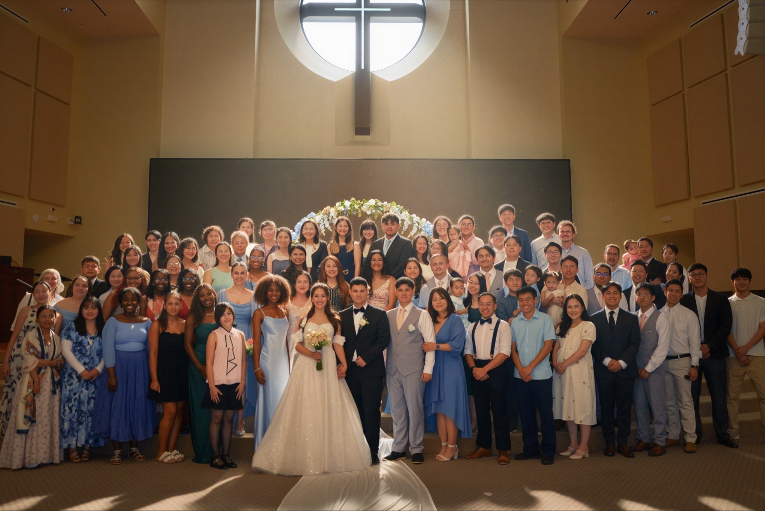 Full group photo with bride and groom in the sanctuary — Korean wedding at Korean Church of Atlanta, Duluth GA