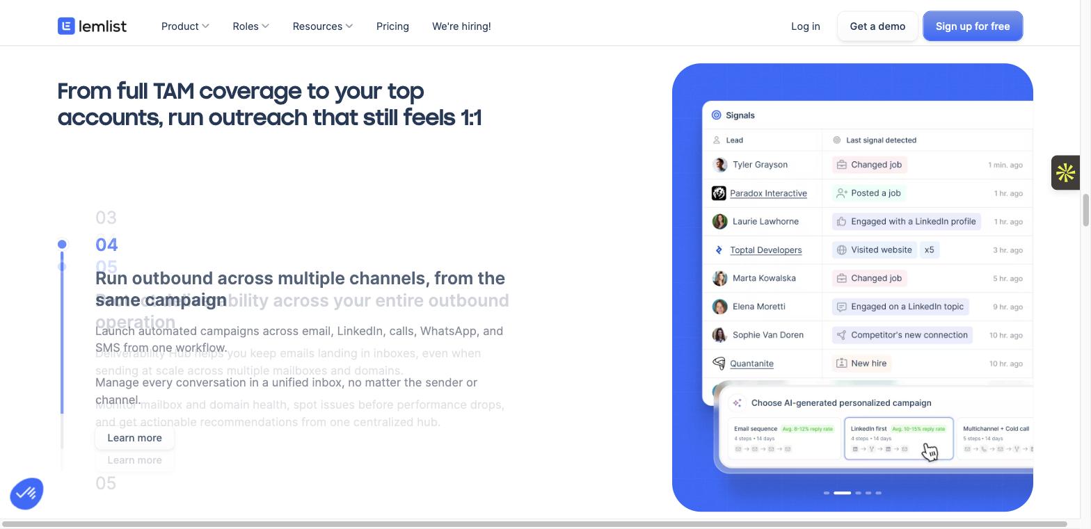 Lemlist sequence builder 2026 with email, LinkedIn visit and call steps in one campaign.