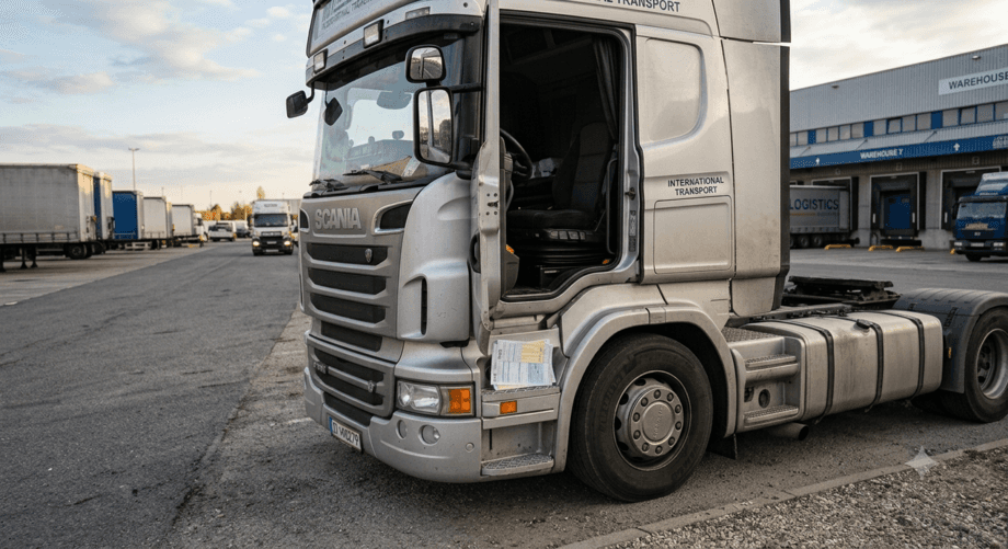 Paberil CMR-dokumendid veoki esiklaasi taga logistikalao parklas