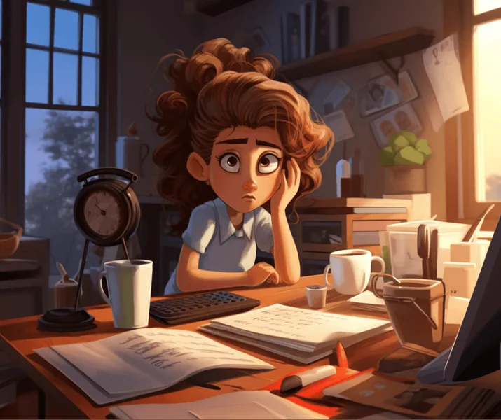 An animated image of a small business owner looking overwhelmed at her desk, surrounded by multiple coffee cups, a notepad, keyboard, and alarm clock, conveying the stress of content creation. The warm lighting suggests evening work, emphasizing the long hours spent on tasks that could be automated. The scene is set against a backdrop of a text overlay reading 'Automate Content, Focus on Business', which suggests a solution to streamline her workload and prioritize business growth.