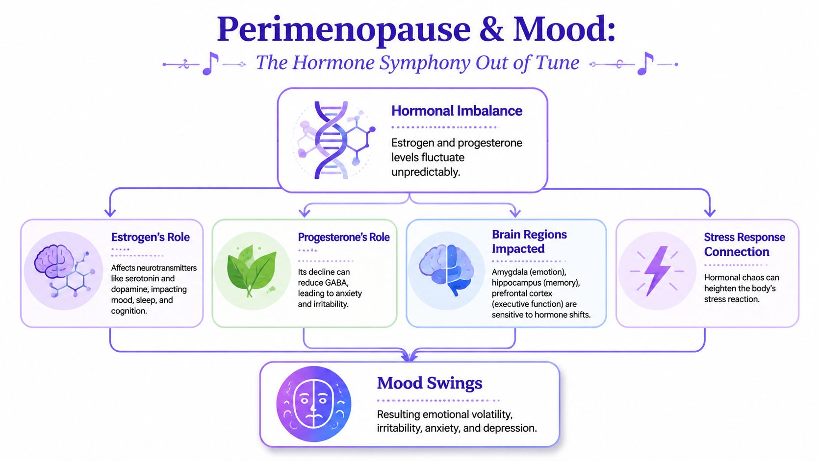 An infographic showing how perimenopause hormones affect brain function, stress levels, and emotional mood swings.