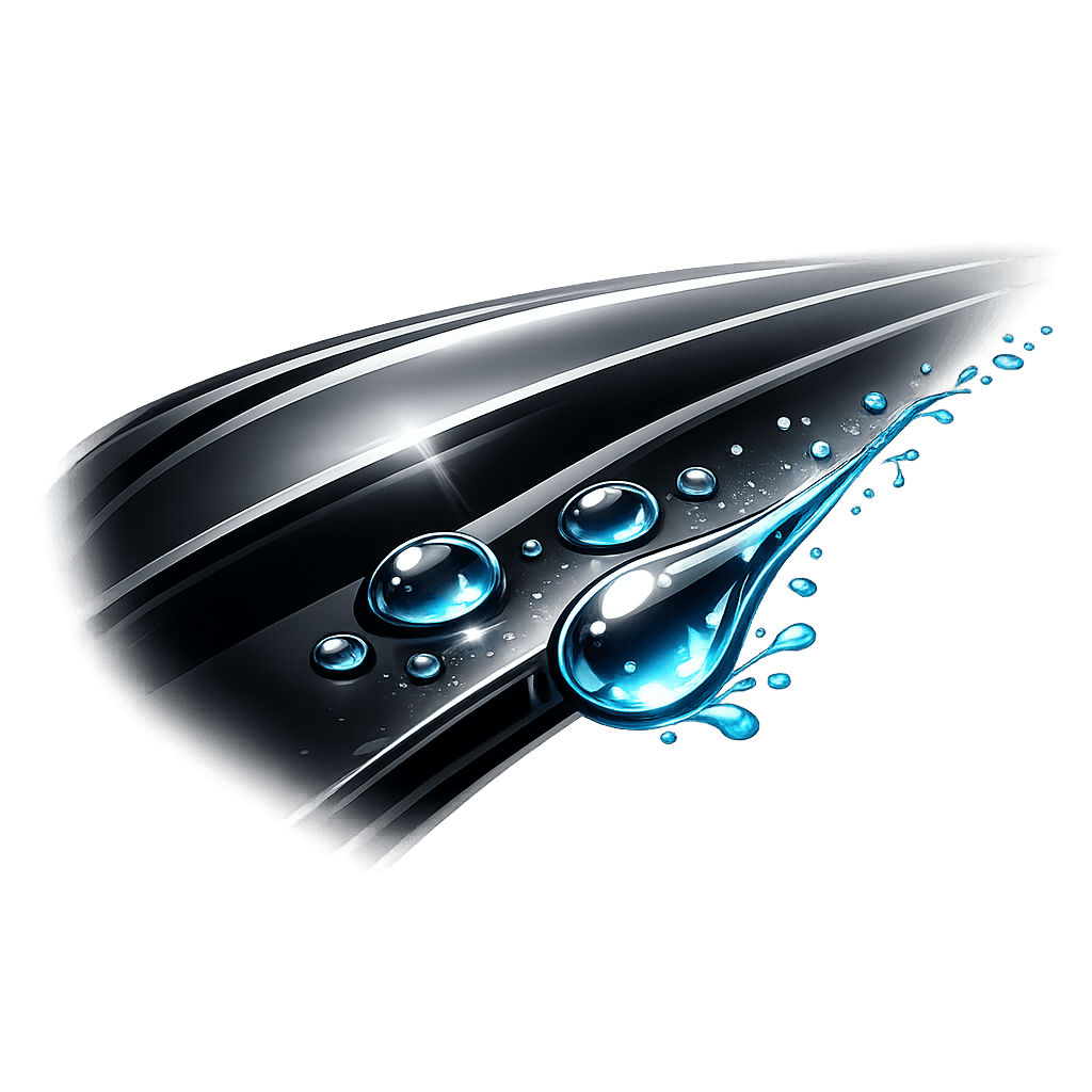 Hydrophobic water beading effect on a sleek car surface illustrating the self-cleaning benefits of System X ceramic coating.