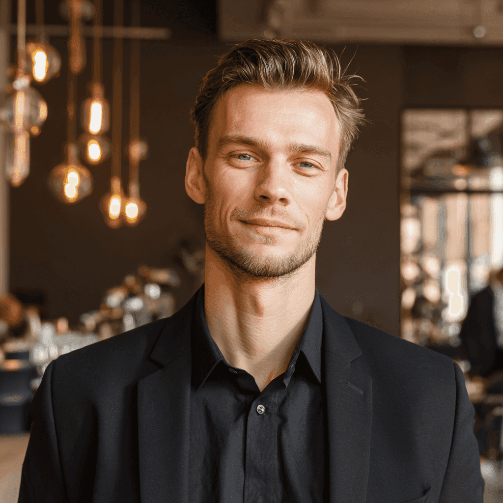 Professional man in a black suit smiles confidently in a warmly lit modern restaurant. Hanging light bulbs create a cozy and inviting atmosphere.