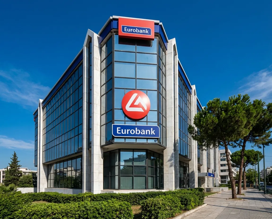 Eurobank headquarters building in Greece with corporate logo