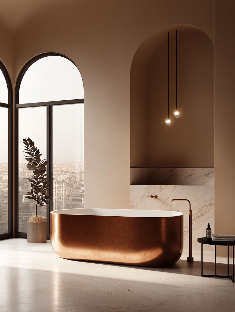 Eine moderne 3D-Darstellung eines Badezimmers mit einer Kupferbadewanne, Marmorakzenten, großen Bogenfenstern mit Blick auf die Stadt, einer Topfpflanze, Pendelleuchten und einem kleinen Hocker mit Toilettenartikeln. Das Design ist minimalistisch und elegant.
