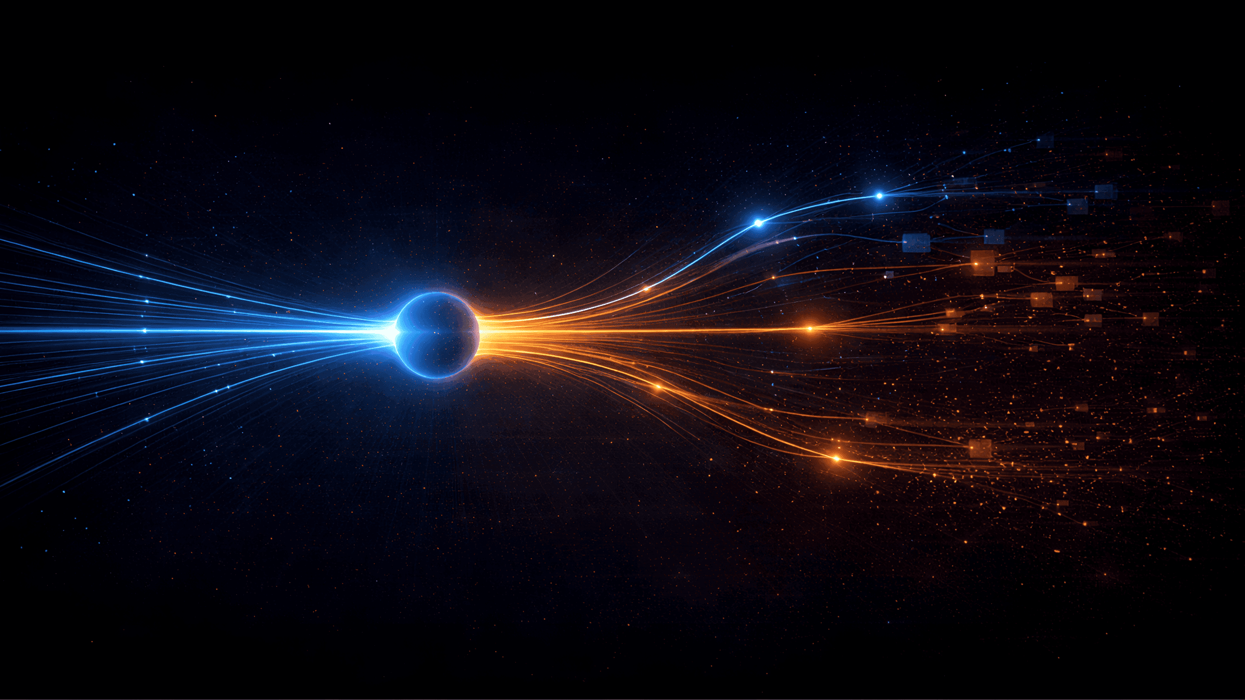 Abstract visualization of automated lead routing where a single incoming data stream subtly splits into multiple paths, with faster routes remaining bright blue and slower ones fading into orange, representing prioritization and response speed.
