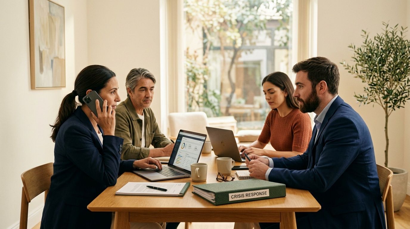 Cuatro personas en una reunión de negocios, trabajando con laptops y un archivador de 'respuesta a crisis'.