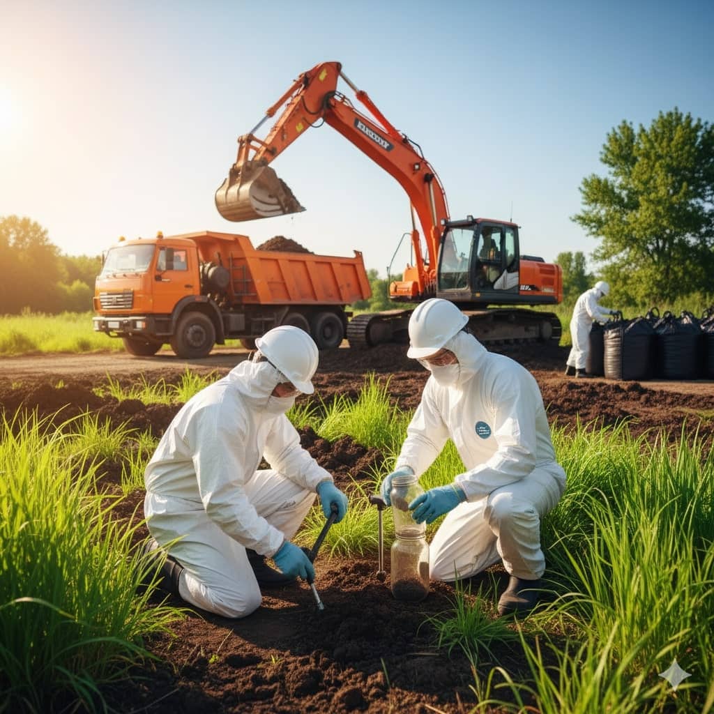 Deux techniciens en combinaisons de protection blanches et gants bleus prélevant des échantillons de sol sur un site ensoleillé et verdoyant, avec une pelle mécanique et un camion benne à l'arrière-plan, indiquant des travaux de décontamination.
