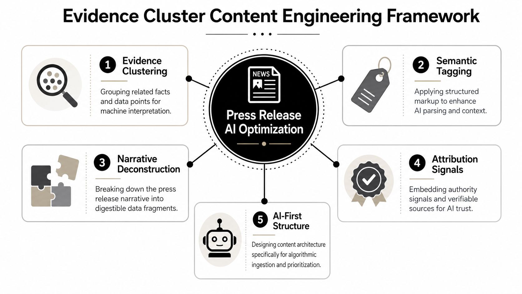 A diagram outlining the Evidence Cluster Content Engineering Framework for Press Release AI Optimization with five steps.