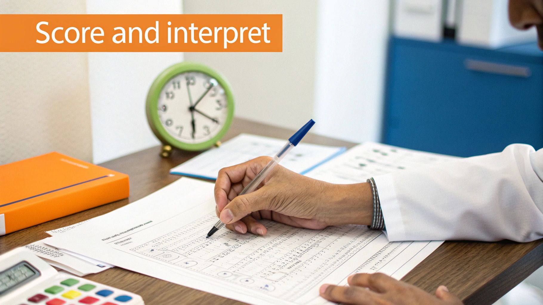 Close-up of a person's hands scoring a cognitive assessment form with a pen on a wooden desk.