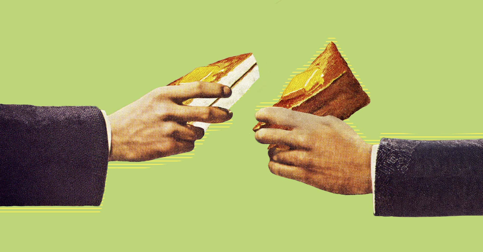 Manos sosteniendo rebanadas de pastel en fondo verde, arte contemporáneo.