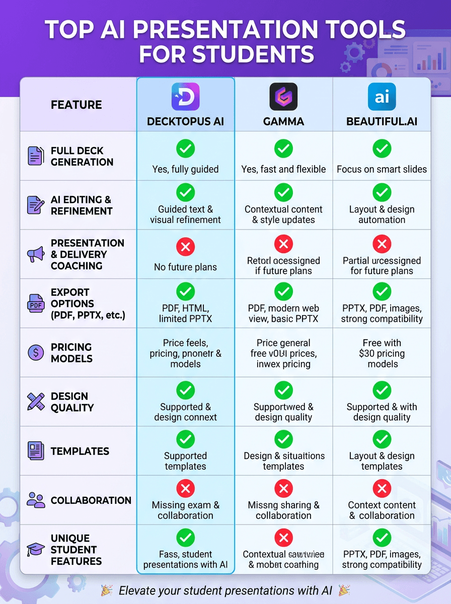 Comparison matrix of AI presentation tools for students: Decktopus AI, Gamma, and Beautiful.ai