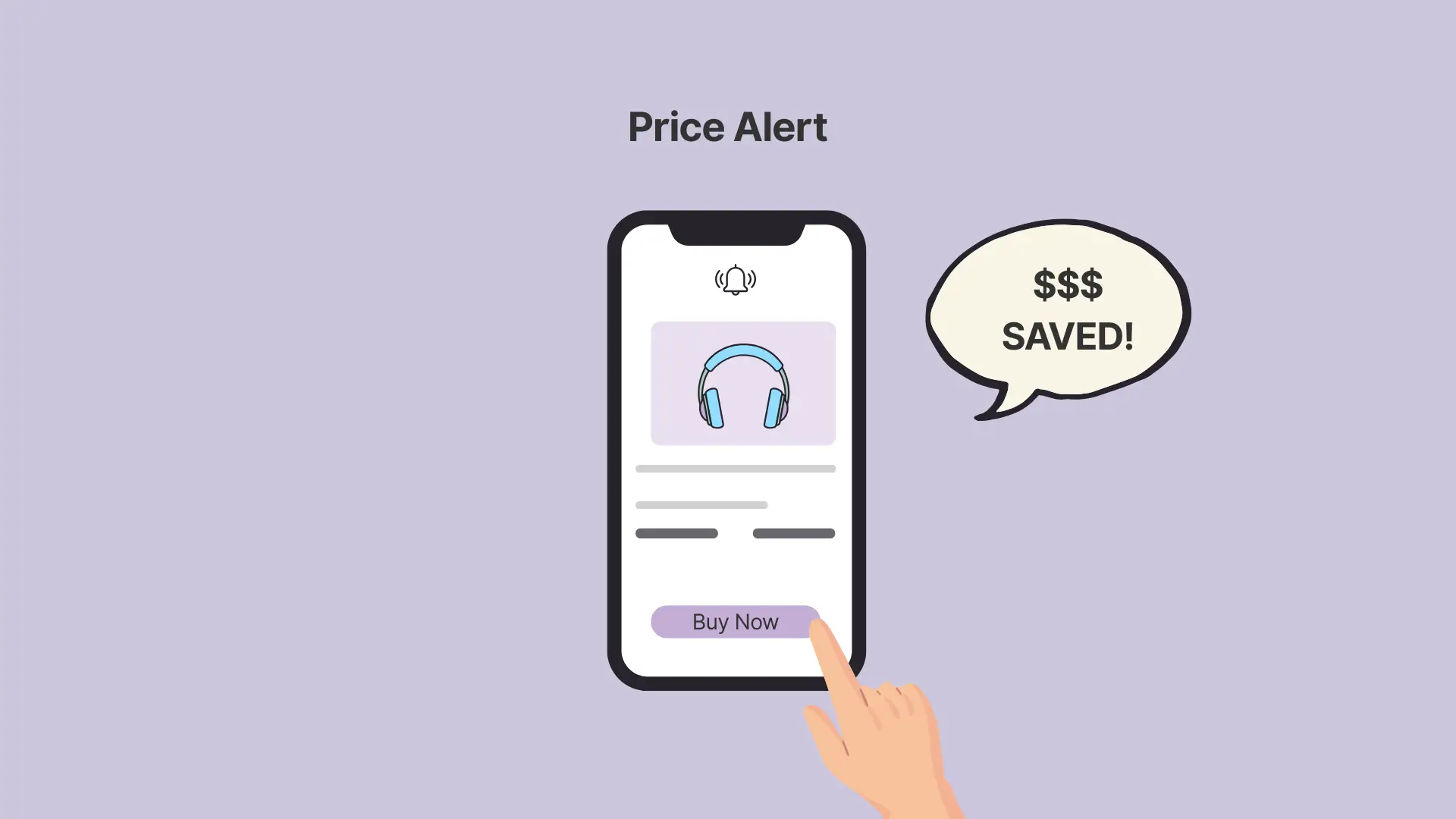 A graphic illustrating a "Price Alert" from a shopping app. A smartphone in the center displays a notification for a pair of headphones with a prominent "Buy Now" button. A finger is poised to press the button, while a speech bubble to the right exclaims, "$$$ SAVED!" to show the financial benefit.