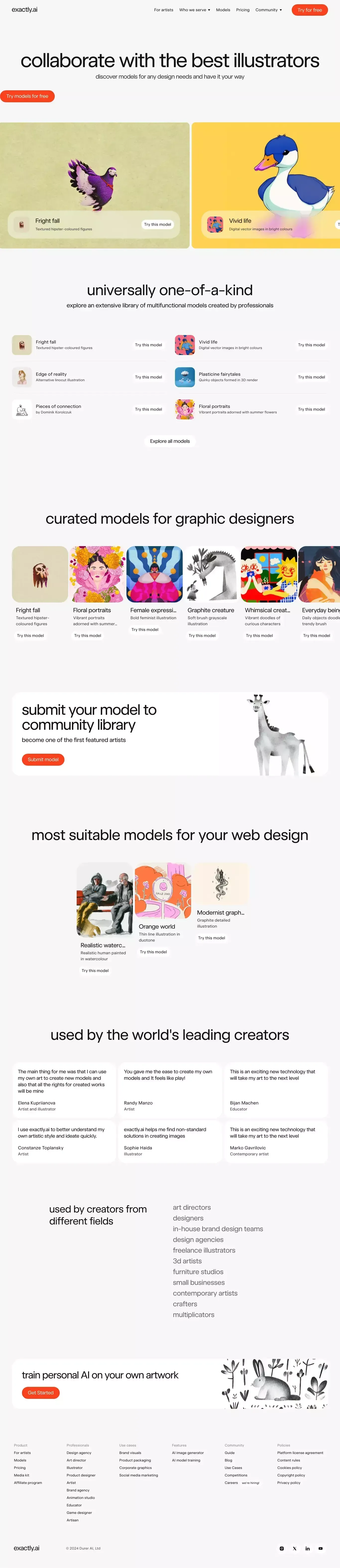 exactly models landing page screenshot showcasing AI and Design design
