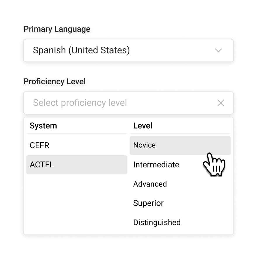 Teacher selecting Spanish at ACTFL novice level for the activity.