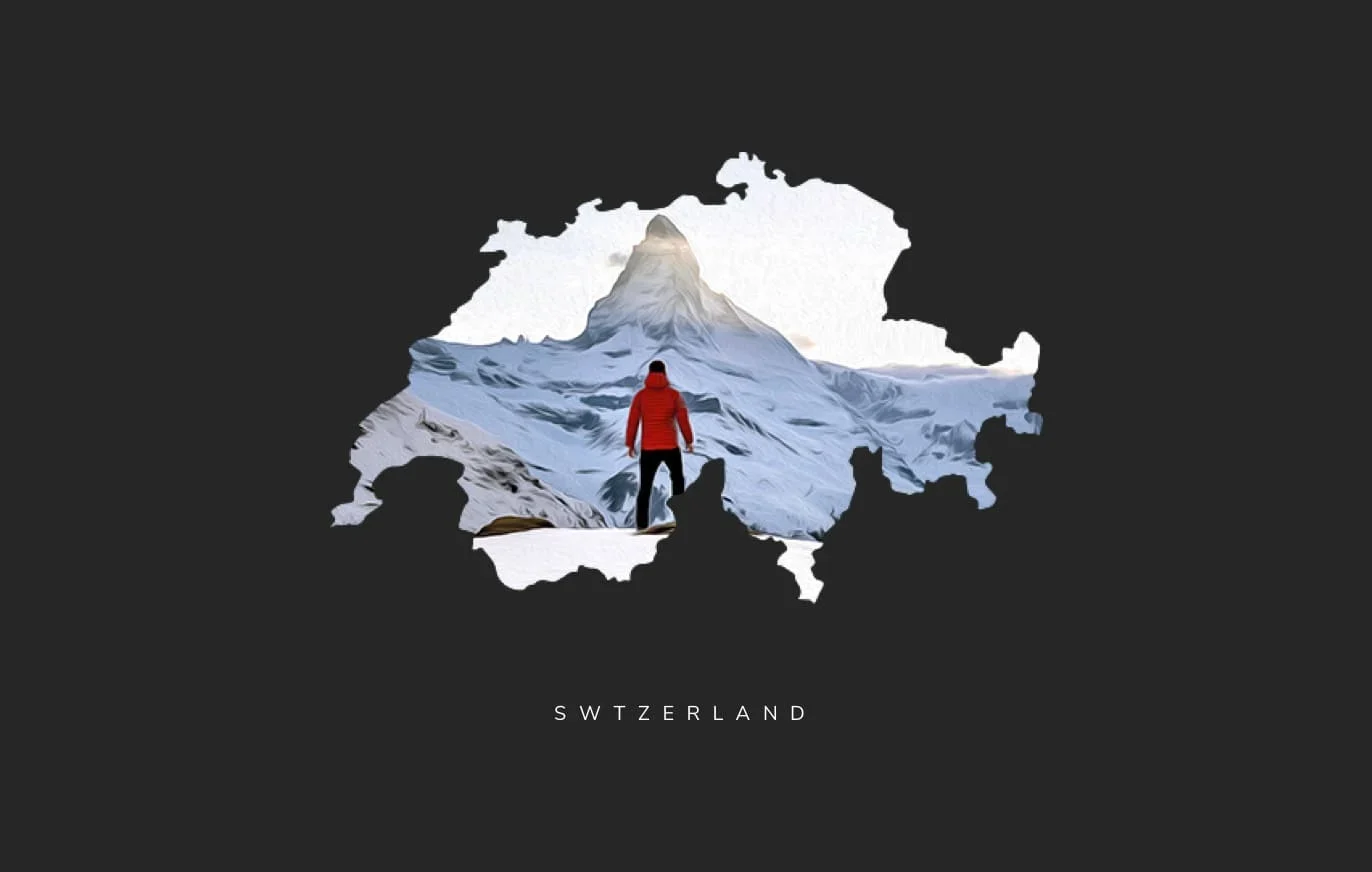 Switzerland map silhouette filled with a snowy Alpine mountain scene and hiker in a red jacket, evoking adventure against a dark background.