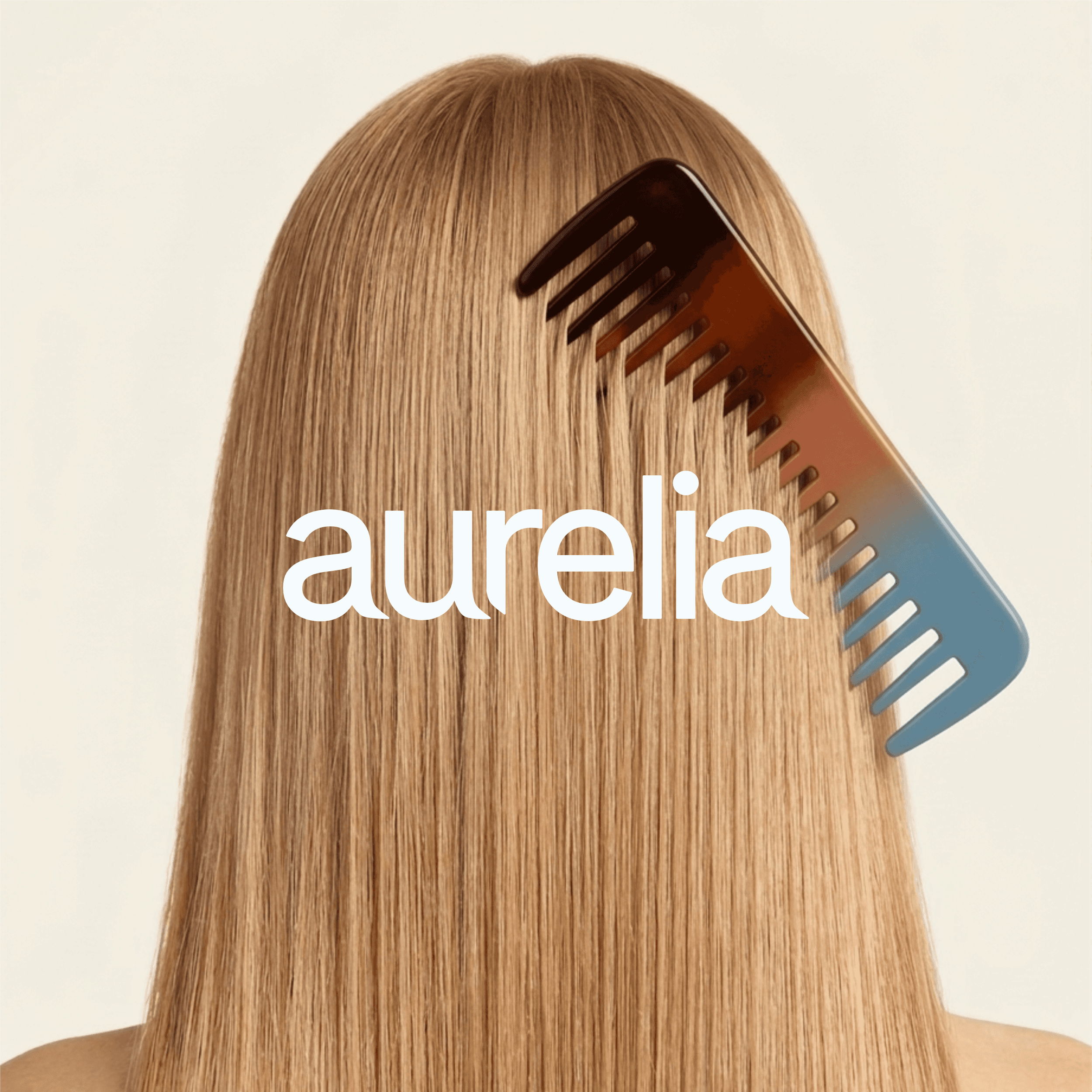 The back of a woman's head. The woman has straight blonde hair. A brown and blue comb is placed in the hair. In the center of the image is the logo for Aurelia Haircare.
