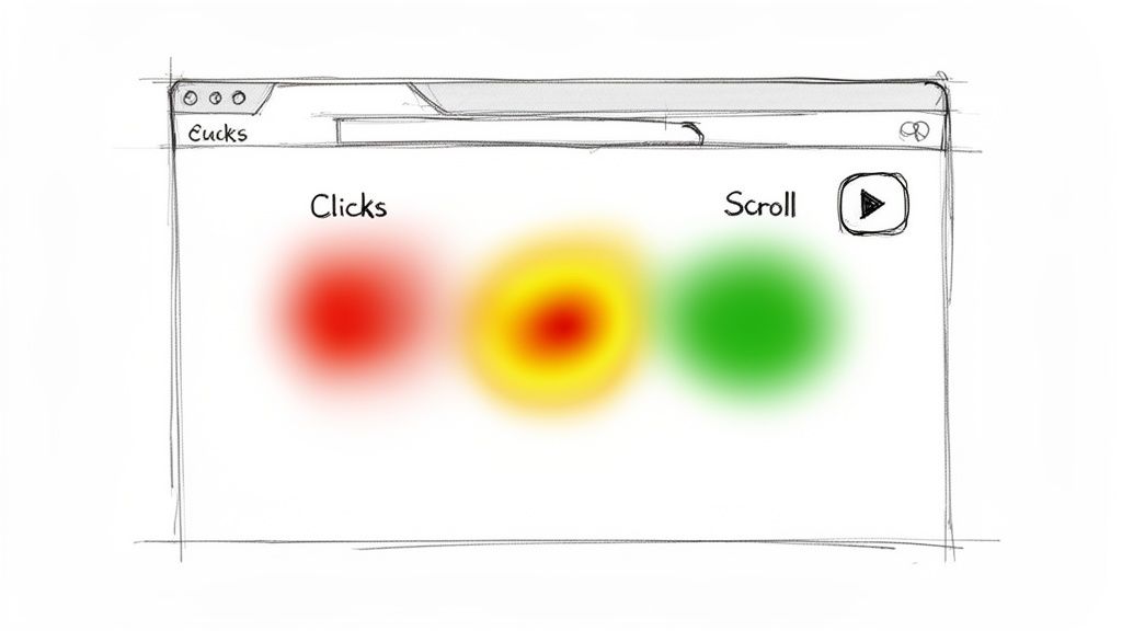 Hand-drawn sketch of a browser window displaying user experience heatmaps for clicks and scroll activity.