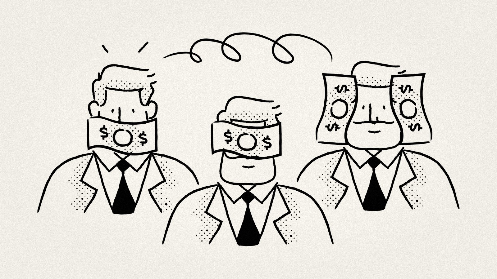 Illustration of three businesspeople wearing identical dollar-bill masks — representing how competing brands in the same sandbox become indistinguishable, with price becoming the only identity buyers can see
