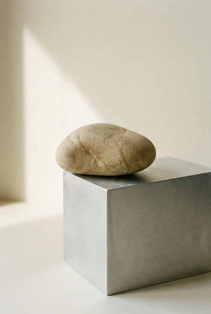 Ein Stein auf einem Metallblock als Symbol für Hybride Teams Mensch und KI