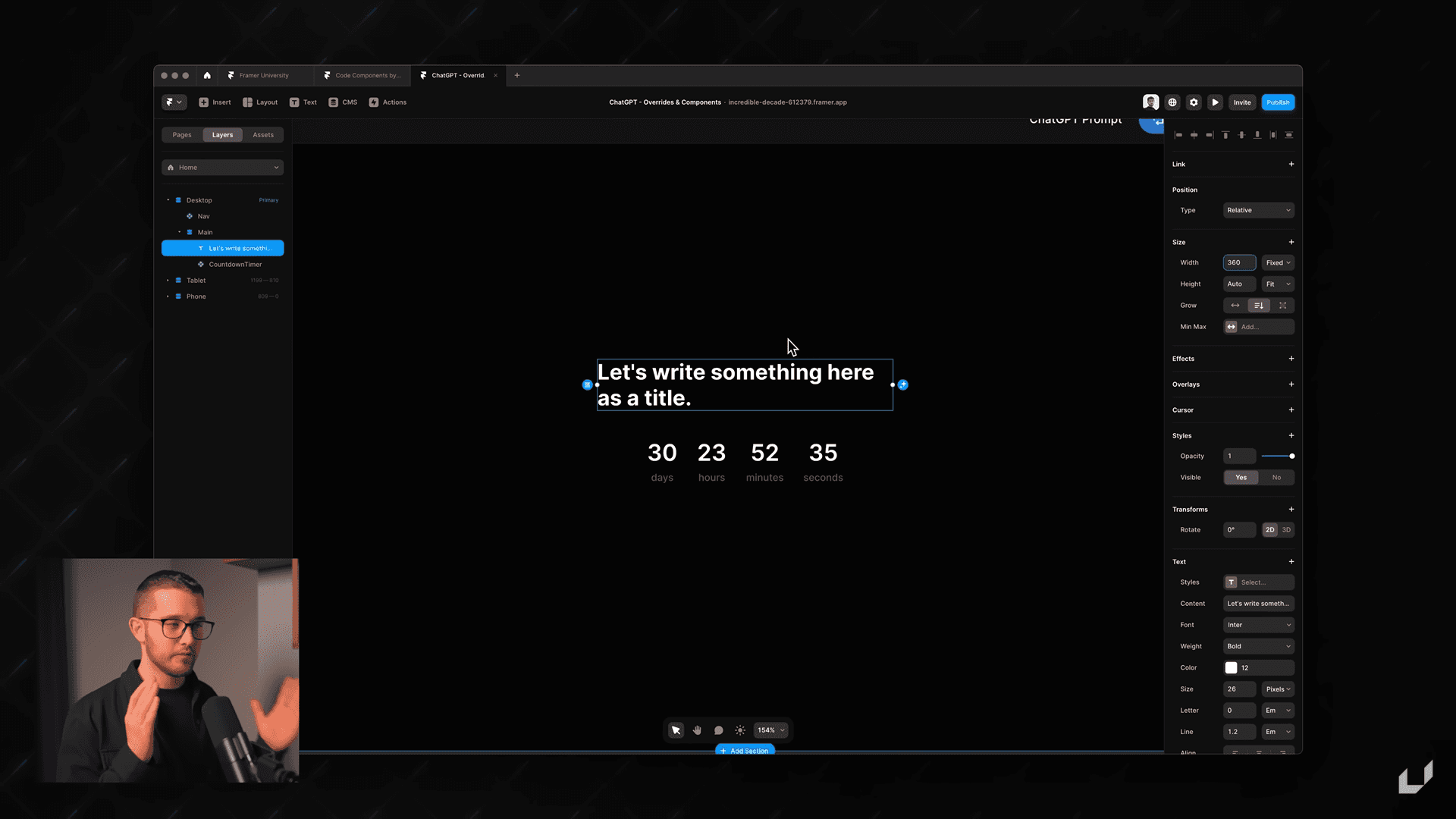 Framer interface displaying a countdown timer with customizable title