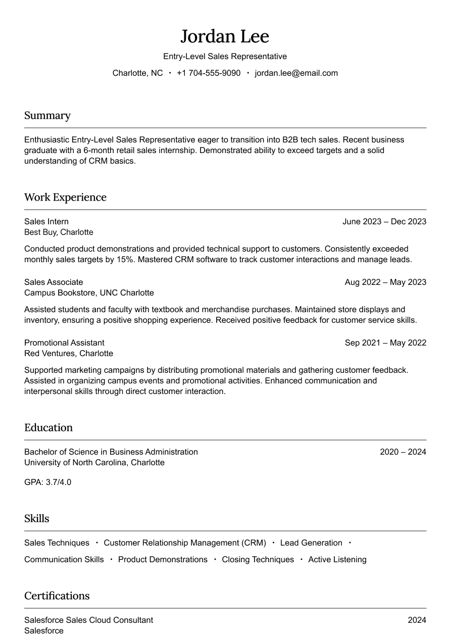 Entry-level sales representative resume example