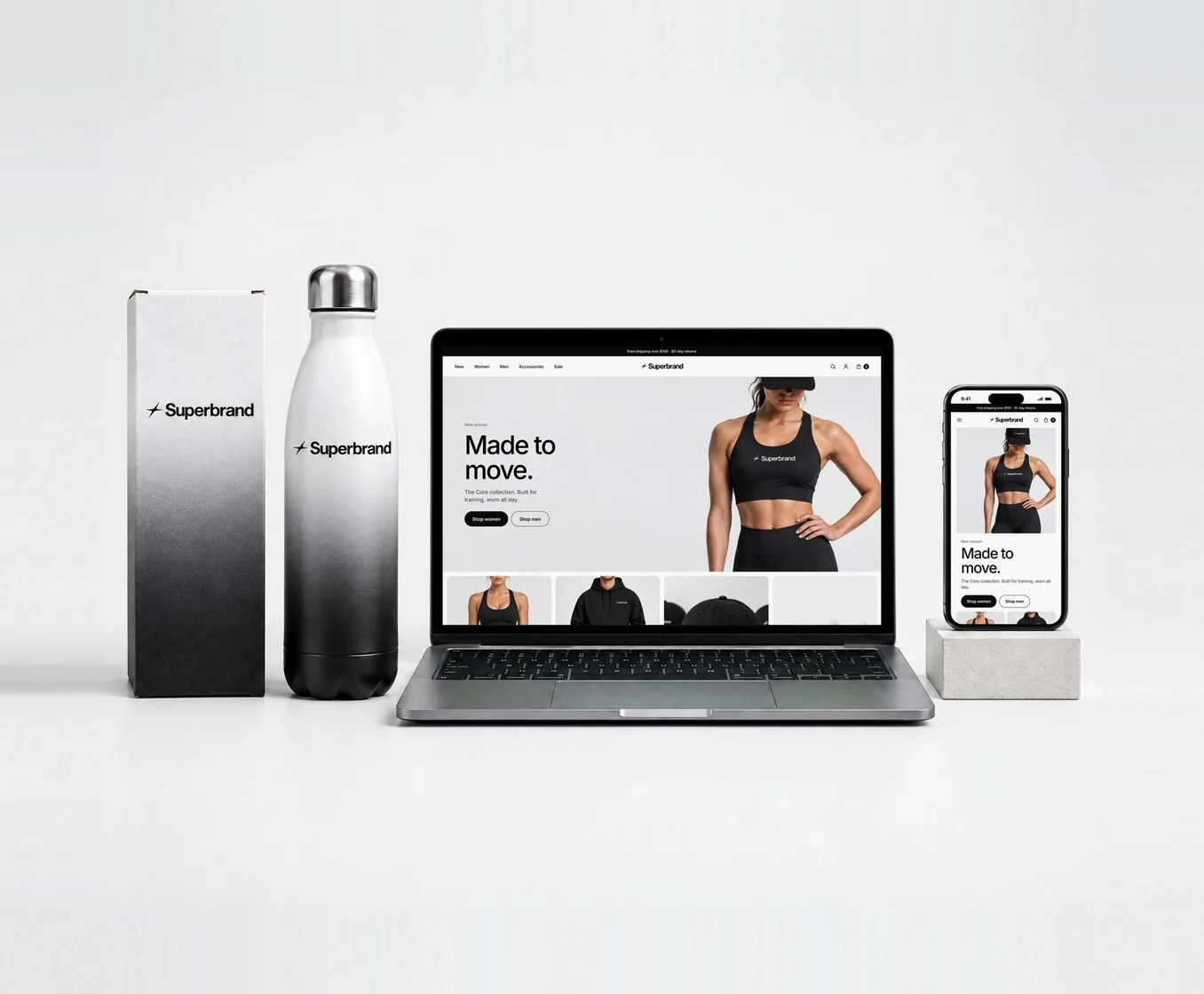A Superbrand box and bottle beside a laptop and a phone showing the store: “Made to move.”