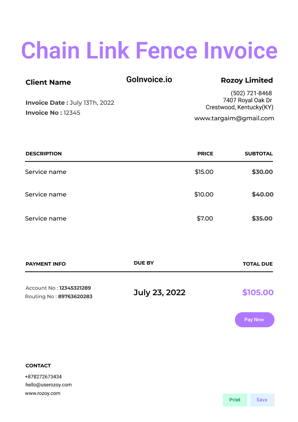 Chain Link Fence Invoice