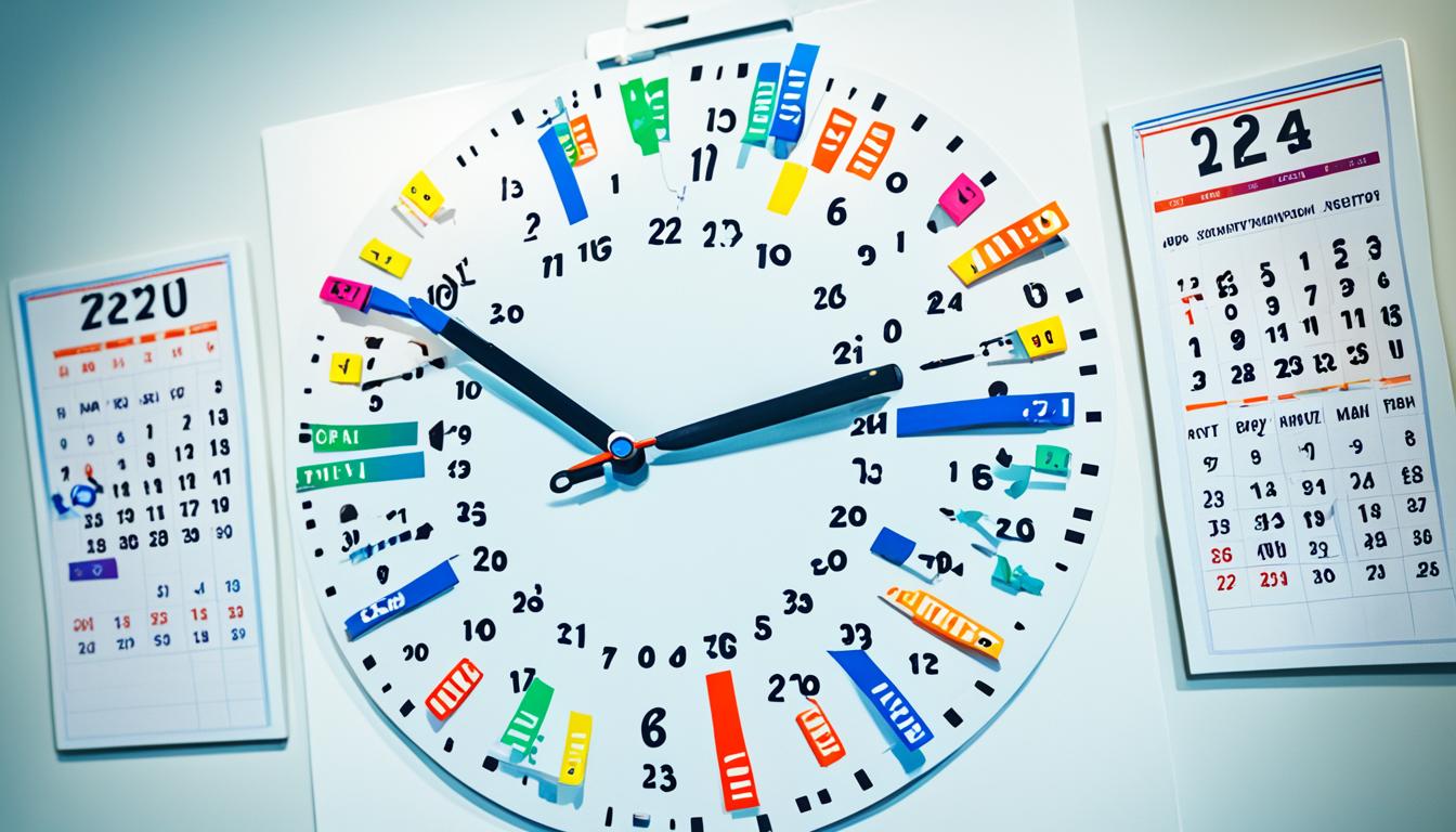 A clock with various colored hands pointing to different times on a calendar, representing the diversity of optimal posting schedules.