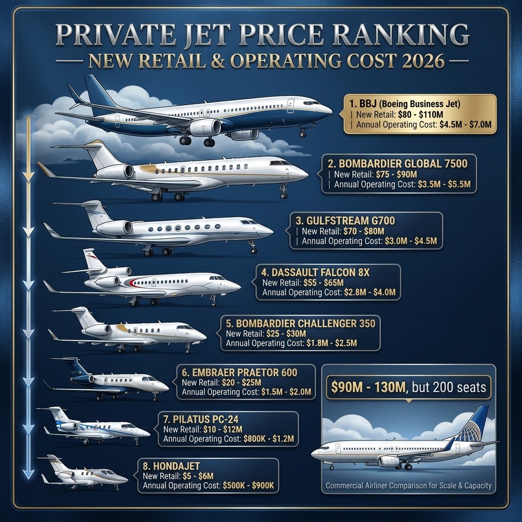 Private jet price ranking by aircraft category — new retail and operating cost comparison versus commercial airliner