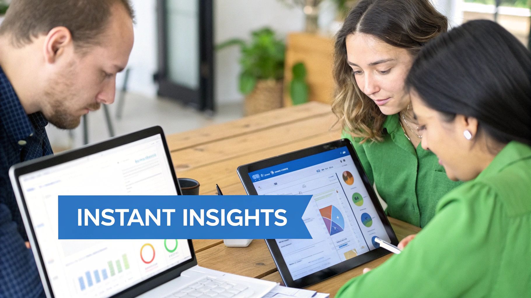 Three colleagues analyze data on a laptop and tablet, displaying charts and graphs for instant insights.
