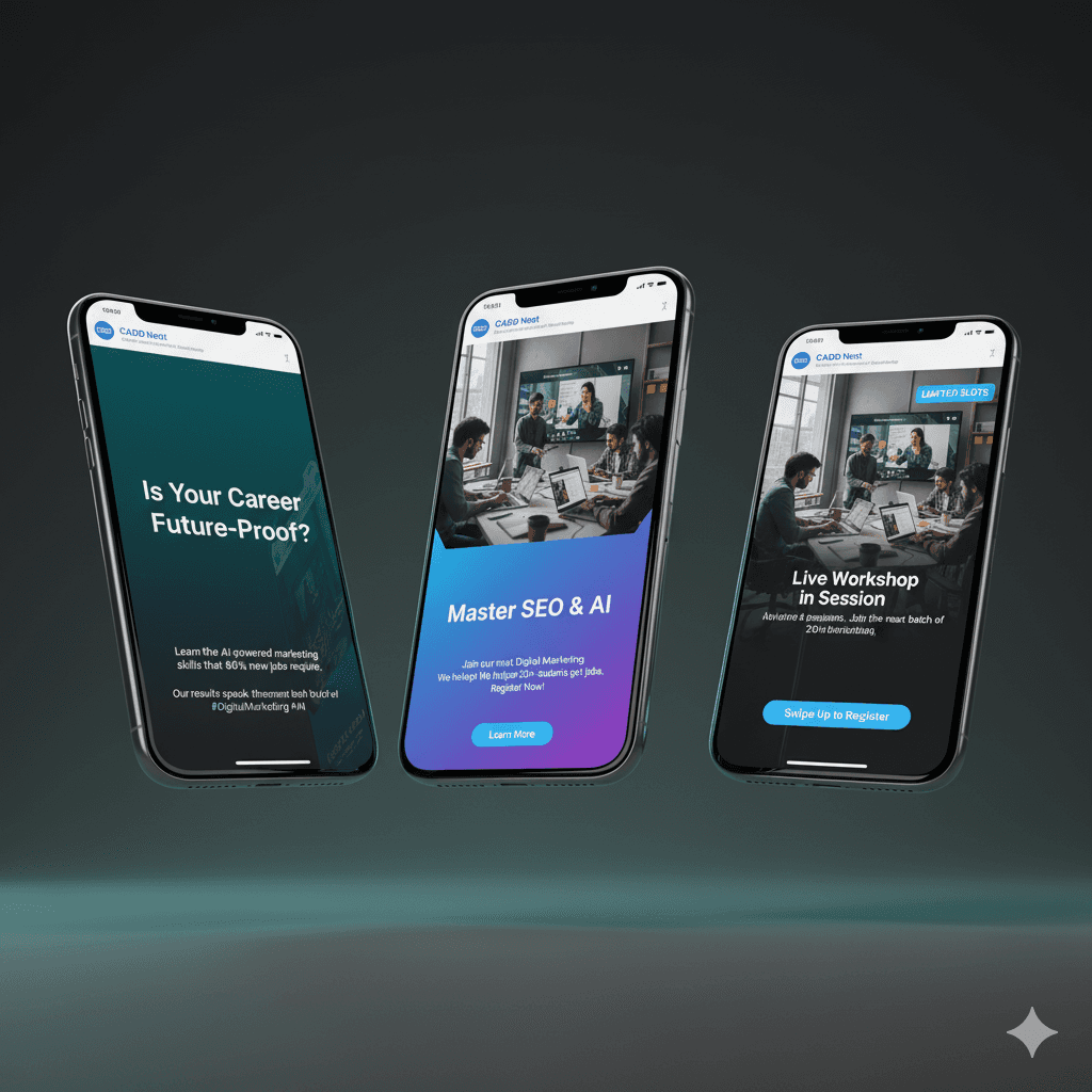 Three smartphone mockups showcasing Instagram ad creatives designed for CADD Nest's digital marketing course.