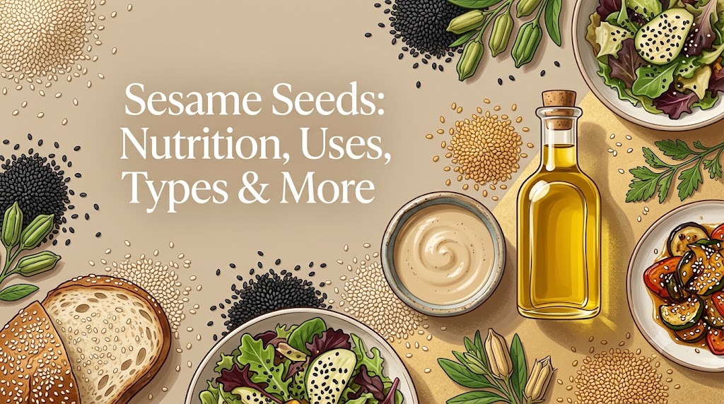 An overhead illustrated guide showing various types of sesame seeds (black, white, golden), raw pods, sesame oil, tahini, a sesame-seeded bread loaf, and a salad with sesame seeds. Includes a 'Sesame Seeds: Nutrition, Uses, Types & More' headline.