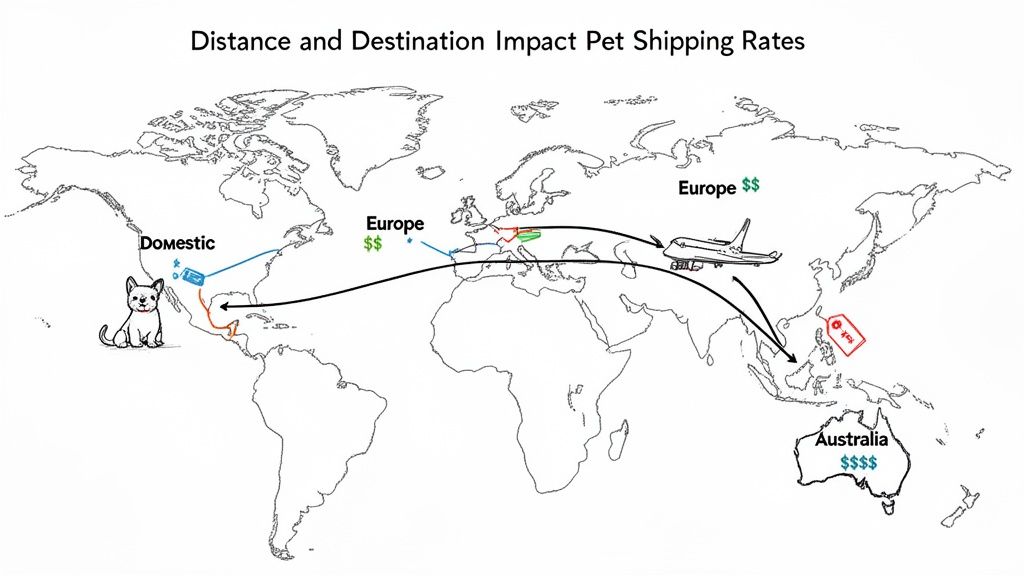 World map illustrating pet shipping costs and routes to domestic, Europe, and Australia.