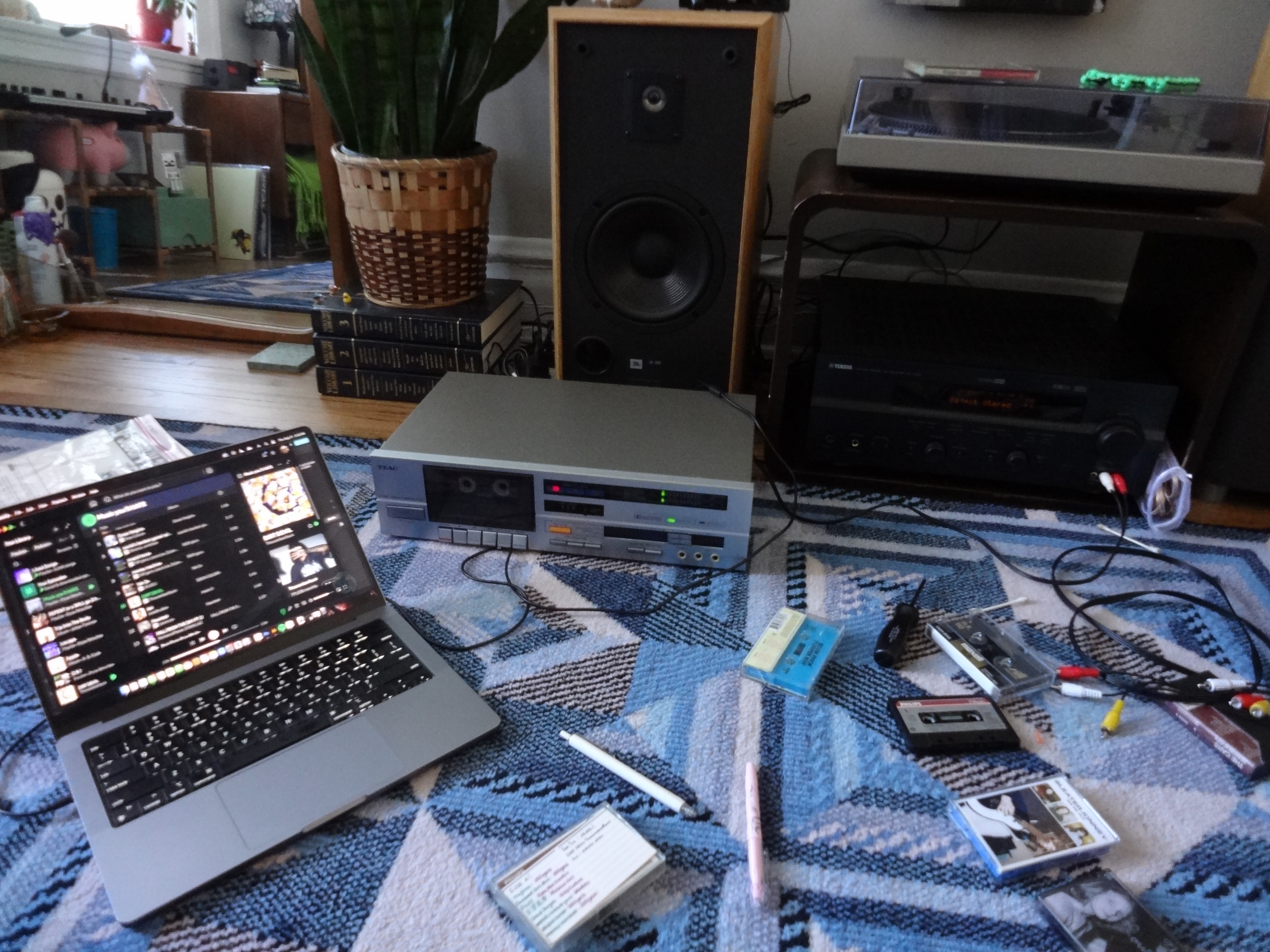 image of my laptop connected to my tape deck, showcasing how I record onto tape