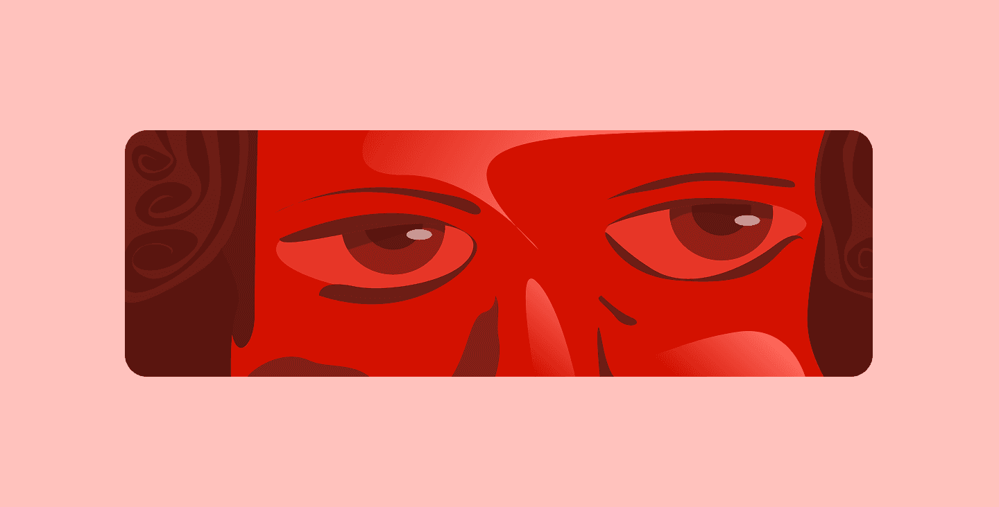 Close up illustration of a person's eyes and face, red color