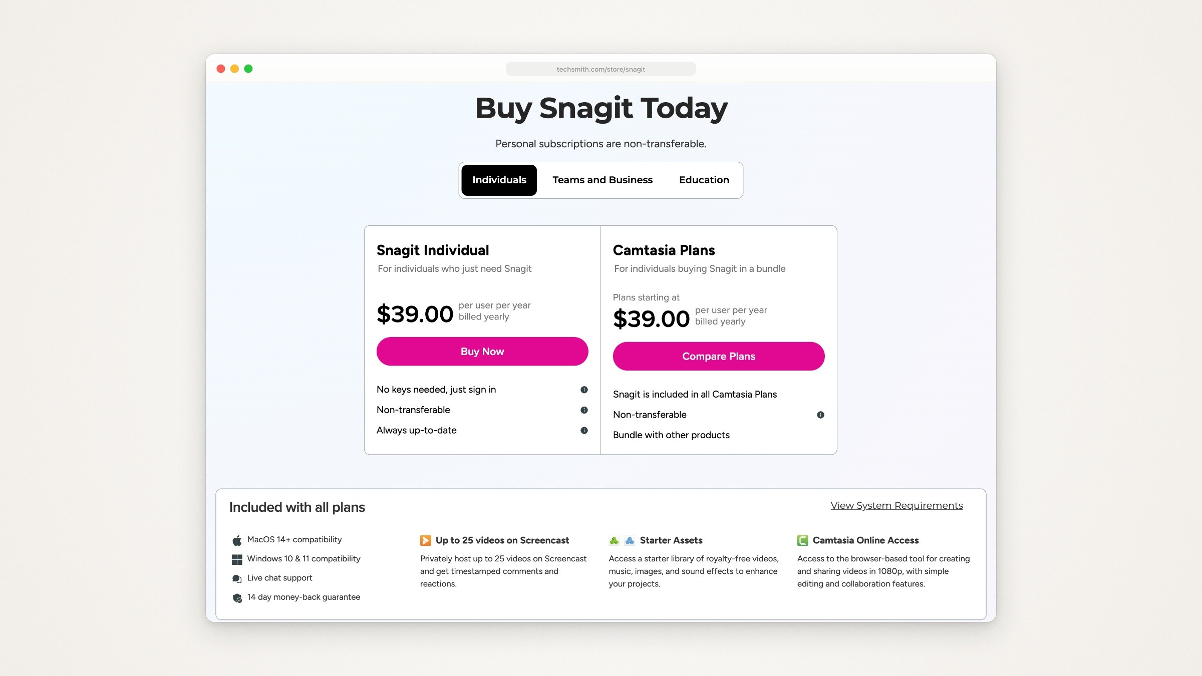 TechSmith’s store page for Snagit: Snagit Individual at $39 per user per year billed yearly, with macOS and Windows compatibility and a 14 day money-back guarantee listed under Included with all plans
