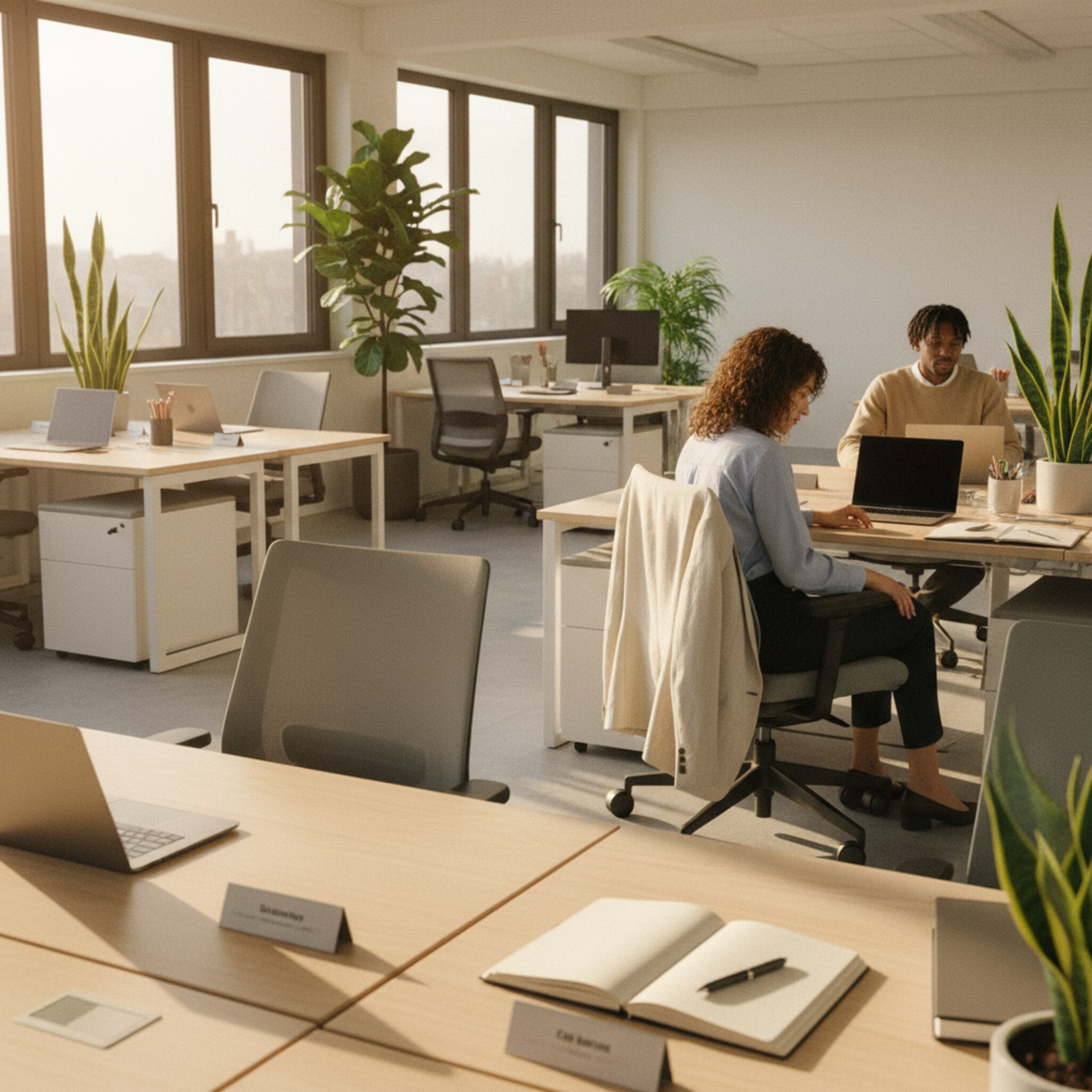 In einem großzügigen Open-Space fällt morgens warmes Licht über geordnete Schreibtischreihen. Einzelne Plätze sind mit dezenten Namensschildern markiert, Pflanzen lockern die Zone auf. Eine Jacke hängt über einer Stuhllehne, ein Notizblock liegt bereit. Die ruhige, fokussierte Atmosphäre lädt zum Ankommen ein.