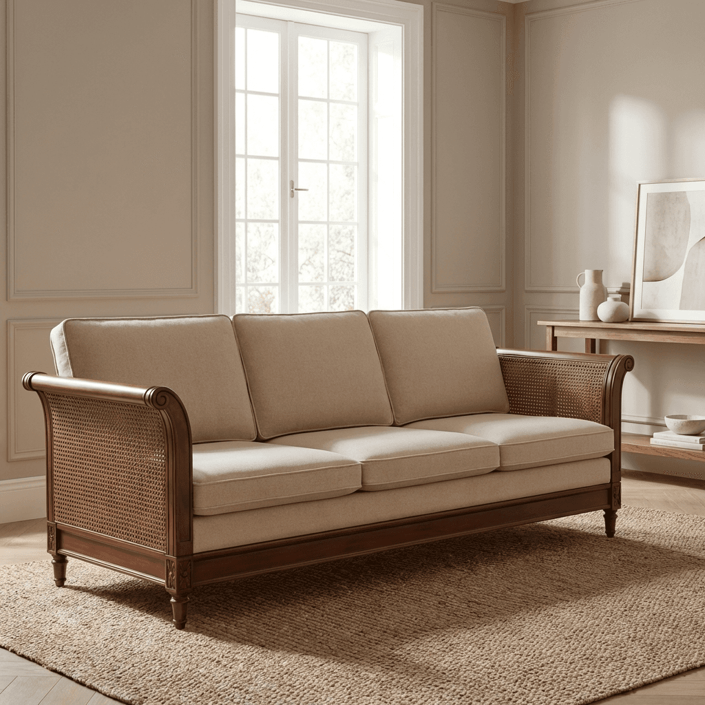 Deep upholstered sofa with cane side panels, broad seating, and wooden base