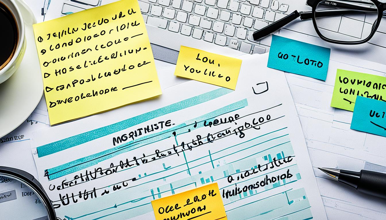 A top-down view of a desk with a laptop, notebook, and pen on it. In the foreground, there is a magnifying glass hovering over a hashtag chart on the screen of the laptop. In the background, there are various sticky notes with different hashtags written on them scattered around the notebook.