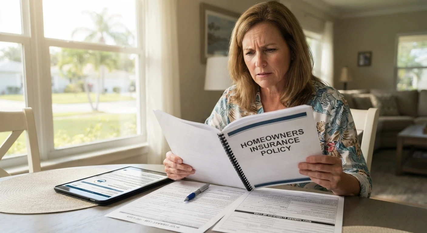 Florida homeowner reviewing property insurance policy documents and roof claim paperwork