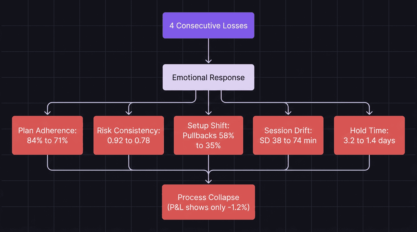 Flowchart showing how a losing streak triggers five behavioral changes visible in consistency metrics