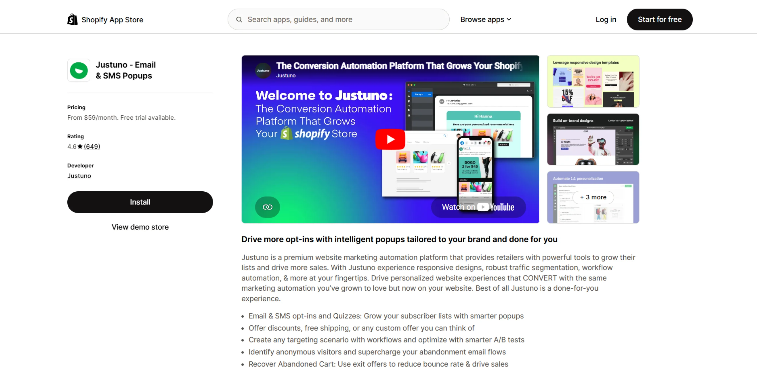Justuno email and SMS popups app listing page on the Shopify App Store
