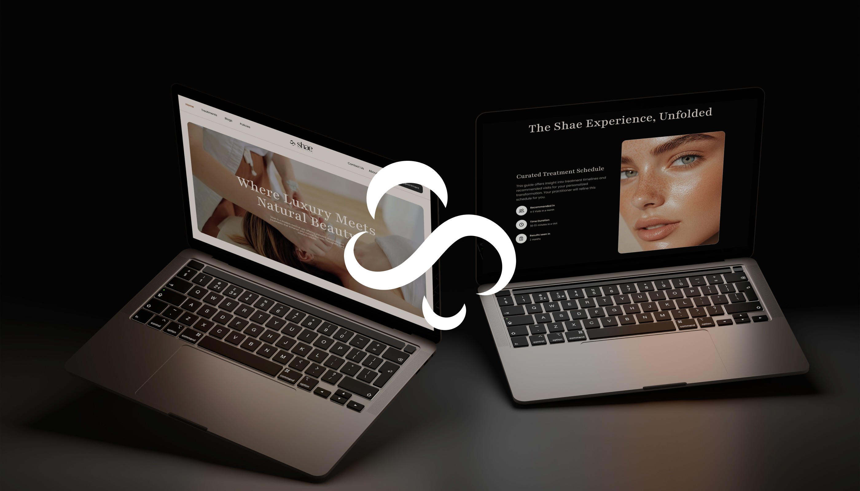 Two laptops displaying the Shae beauty clinic website, with one screen showing the section 'Where Luxury Meets Natural Beauty' and the other showing 'The Shae Experience, Unfolded' with a curated treatment schedule, featuring a clean and modern design.