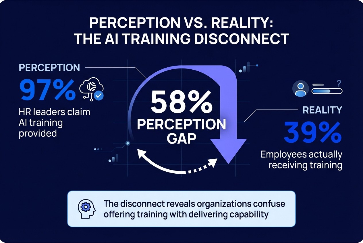 AI training perception gap infographic showing 97% of HR leaders vs 39% of employees in learning and development strategy
