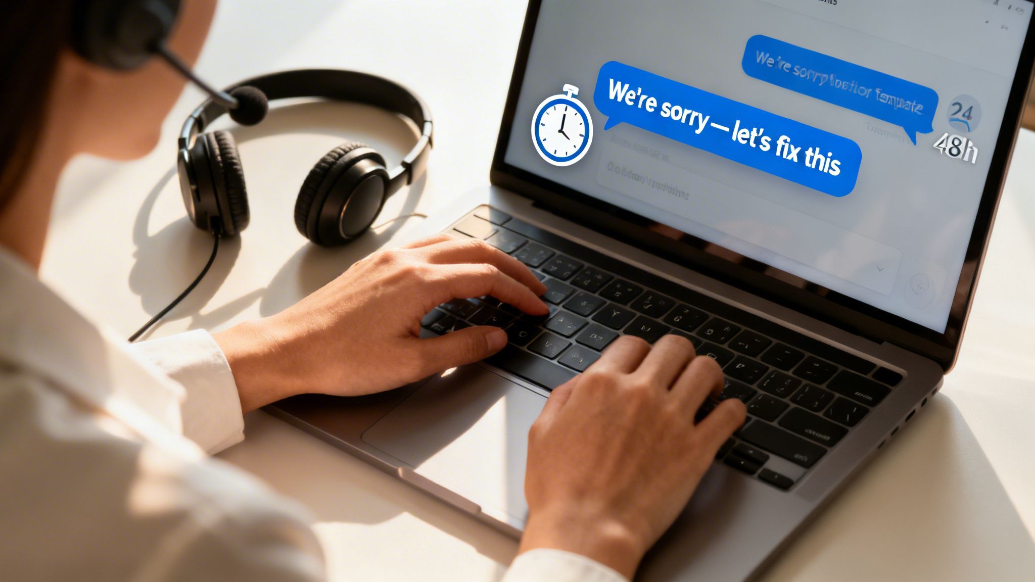 A customer service representative wearing a headset types on a laptop, showing chat messages about fixing issues.