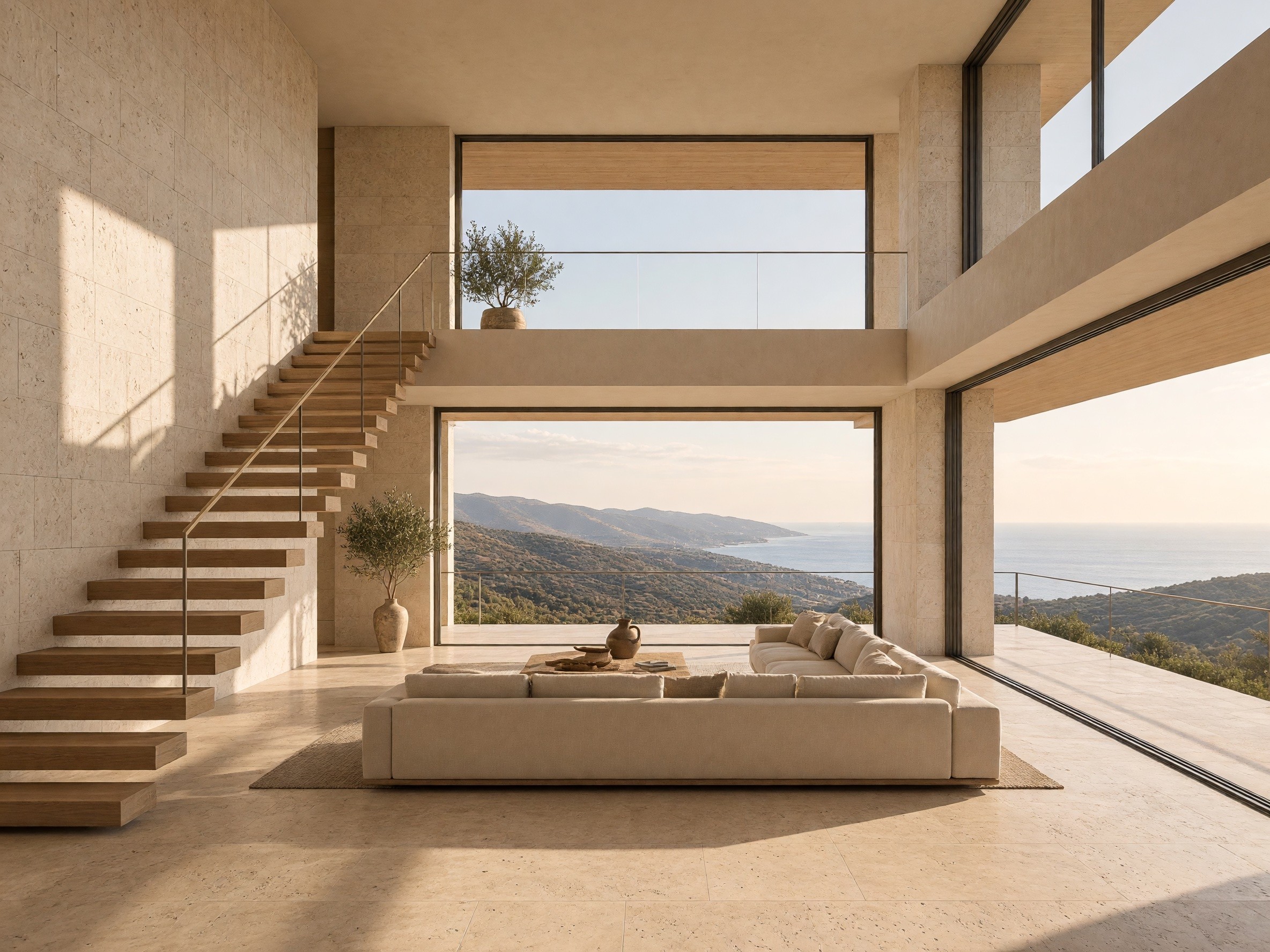 Double-height penthouse living room with an oak staircase
